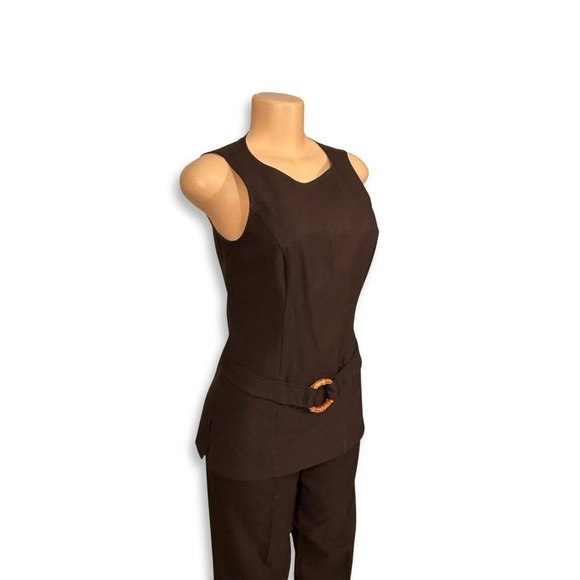 A-List Women's Brown Sleeveless Top with Belt and Matching Dress Pants Set - Picture 3 of 5